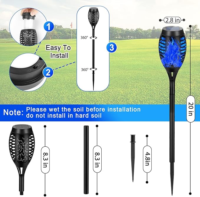 Solar Lights Outdoor, Upgraded 16 Pack Blue Solar Torch Light with Flickering Flame for Garden Decor, Waterproof Outdoor Lights Solar Powered, Tiki Torches for Outside Yard Patio Pathway Decor