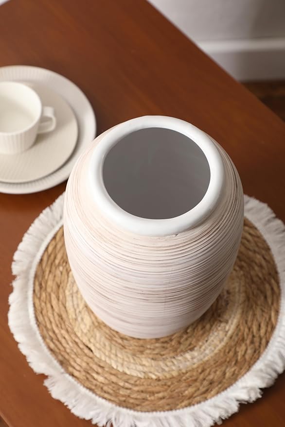 ALMA Wide Mouth Large Ceramic Vase, 12'' Tall White Rustic Pampas Grass Vase for Table Centerpieces, Boho Decorative Vase for Living Room, Farmhouse, Entryway, Mantel, Bookshelf, Home Decor