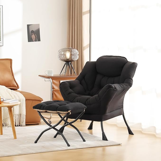 Cozy Lazy Chair and Ottoman, Large Contemporary Accent Lounge Chair Set, Leisure Upholstered Reading Armchair for Bedroom, Living Room, Dorm Rooms, Office