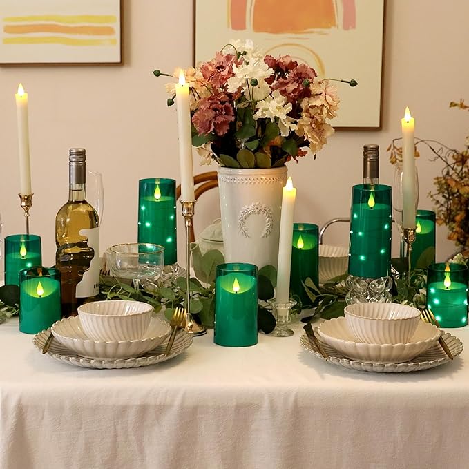 NURADA 3"x6"Flickering Flameless Candles: 3D Wick Acrylic Battery Operated LED Pillar Candles with Remote and Timer for St. Patrick's Day Home Holiday Forest Christmas Party Table Decor - Green