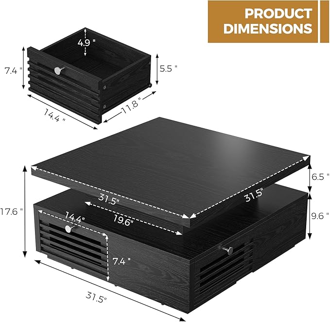 IRONCK Coffee Table with LED Light and Charging Station, 4 Storage Drawers with Grille Design, Square Coffee Table for Living Room Office Reception Room (Black)