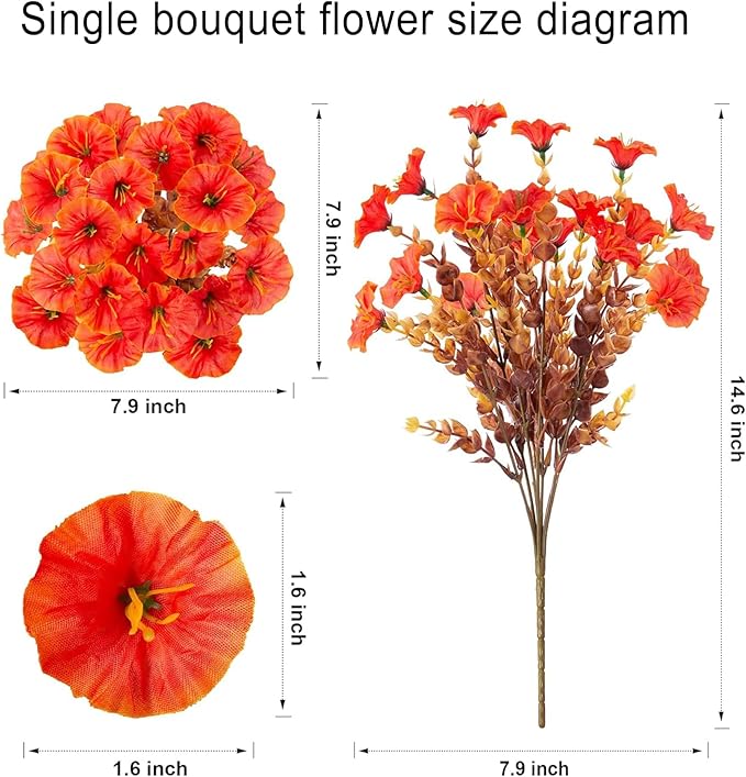 Artificial Outdoor Flowers 16 Bundles Fake Morning Glory Flower Outdoor UV Resistant Plastic Faux Flowers Plants for Decoration Indoor Outdoor Hanging Window Box Planter Home Porch Decor (Fall Orange)