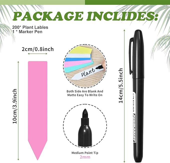 Plant Labels 200 Pcs Yuanling for Seeding Plastic Waterproof Plant Name Tags Garden Labels Marker Garden Pots Stakes for Outdoor Potted Plants Belt Permanent Marking Pen (Pink)