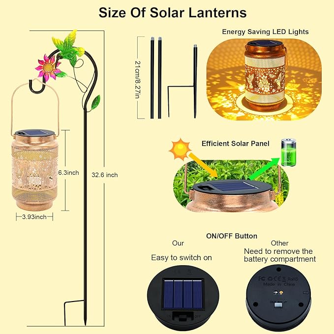 Hummingbird Solar Lanterns Outdoor Waterproof with Shepherd Hook, Birthday Gifts for Christmas Women Mom Grandma, Metal Solar Hanging Lights Garden Decor for Outside Yard Patio Pathway Porch