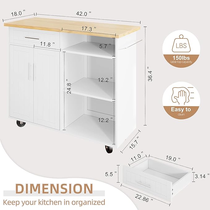 Shintenchi Kitchen Island Cart with Storage,Rolling Kitchen Island Side Table on Wheels with Large Worktop,Storage Cabinet,Towel Rack and Drawers for Kitchen,Dinning Room,White