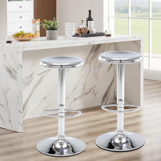 Bar Stools - 2 Pack, Adjustable Swivel Height Counter Bar Stool, Modern Metal Barstools, Backless Barstool for Bar, Kitchen Island, Pub, Silver