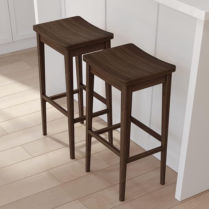 Plank+Beam Smythe Bar Stool, 30", Set of 2, Sturdy Wood Modern Kitchen Counter Height Stool, Saddle Seat Backless Counter Chair, Metal Footrest, Walnut