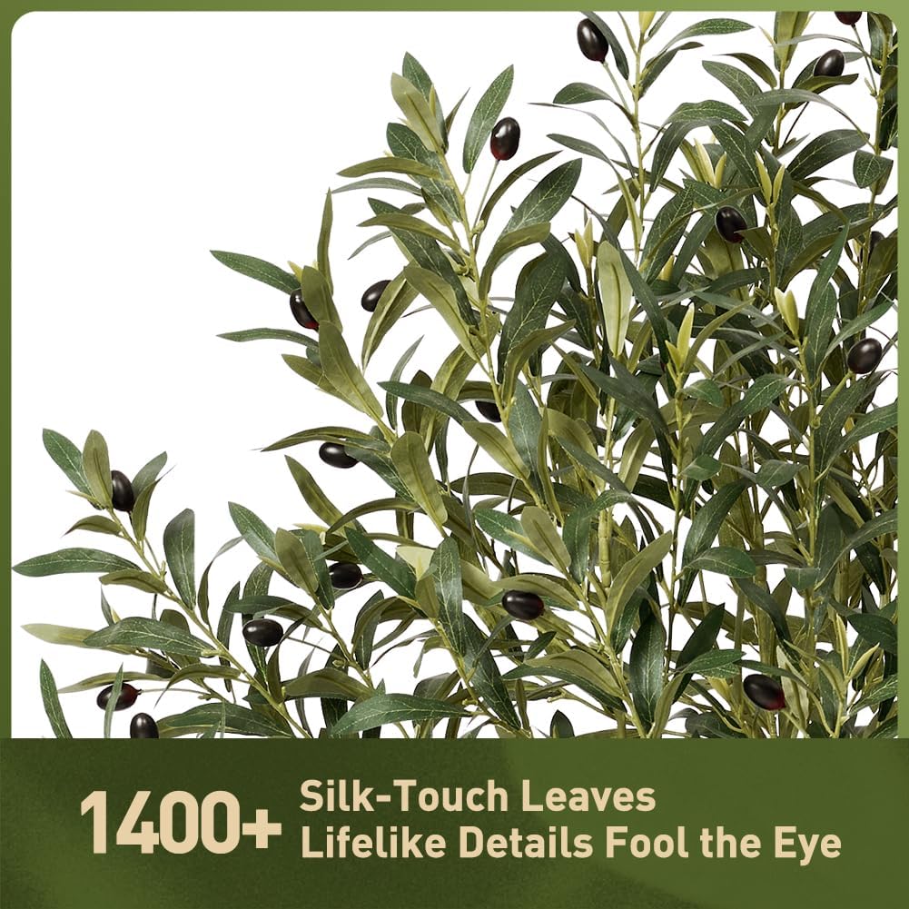 Artificial Olive Tree 5FT, Faux Olive Trees with Real Wood Trunk, UV Resistant Fake Plants in Planter & River Rocks, Indoor Tall Silk Plant for Home Living Room Office Outdoor Decor, VN133