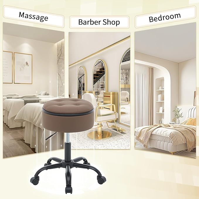 Rolling Salon Stool, Adjustable Tattoo Stool 20.67’’-24.61’’, Coffee Brown Esthetician Swivel Chair