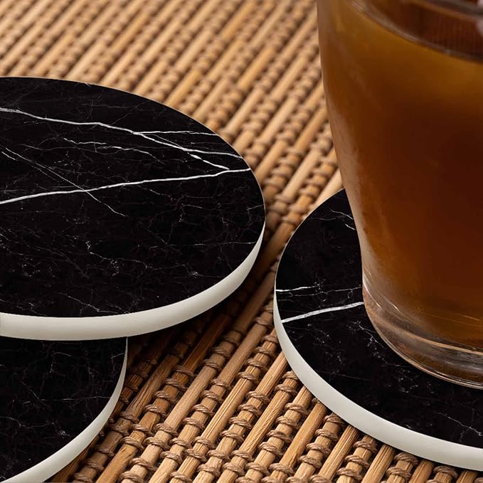 Black Marble Design with White Vein Coasters for Coffee Table Luxury Tile White Marble Line Housewarming Presents for Women Men Home Decor Office Kitchen Living Room 2 Pcs