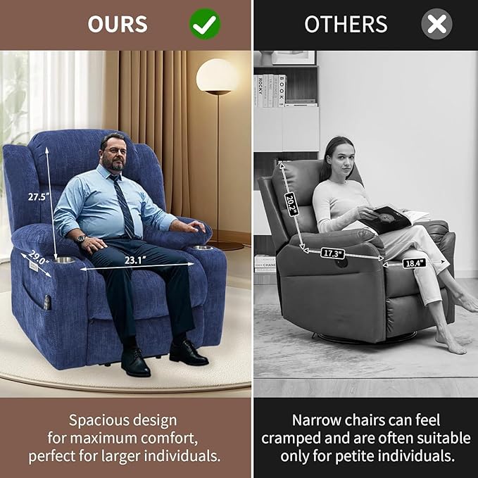 Power Lift Recliner Chair, 350lb Capacity with 8-Point Massage & Heating, USB/Type-C Ports & Cup Holders, Heavy Duty Chenille Recliner for Elderly, Blue