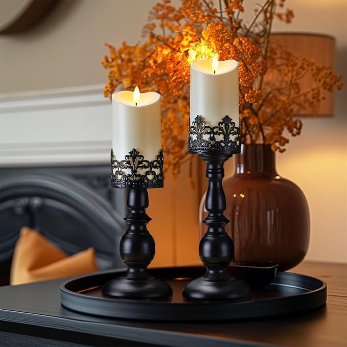 Homemory Black Halloween Candle Holders for Pillar Candles Set of 2, Gothic Vintage Candle Holders for Table Centerpiece, 11" 9" Tall Candle Stand Decorative for Dining Fireplace Living Room (Black)