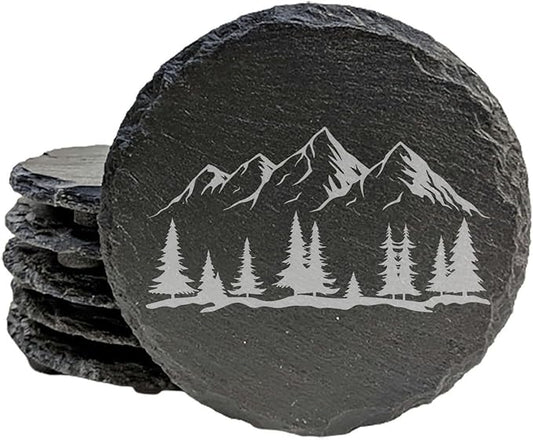 Mountain Majesty Slate Coasters with Stunning Mountain Scene Design - Perfect for Home and Office Decor and Protection of Surfaces, Available in Square or Round Coasters - Round Slate - Set of 4
