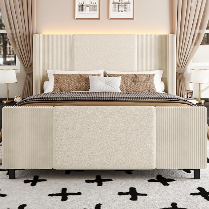 Queen Size Bed Frame with Tall Headboard and Footboard, Boucle and Corduroy Upholstered Bed Frame Queen with LED Lights, Modern Platform Bed Frames, Noiseless, Easy Assembly, Beige