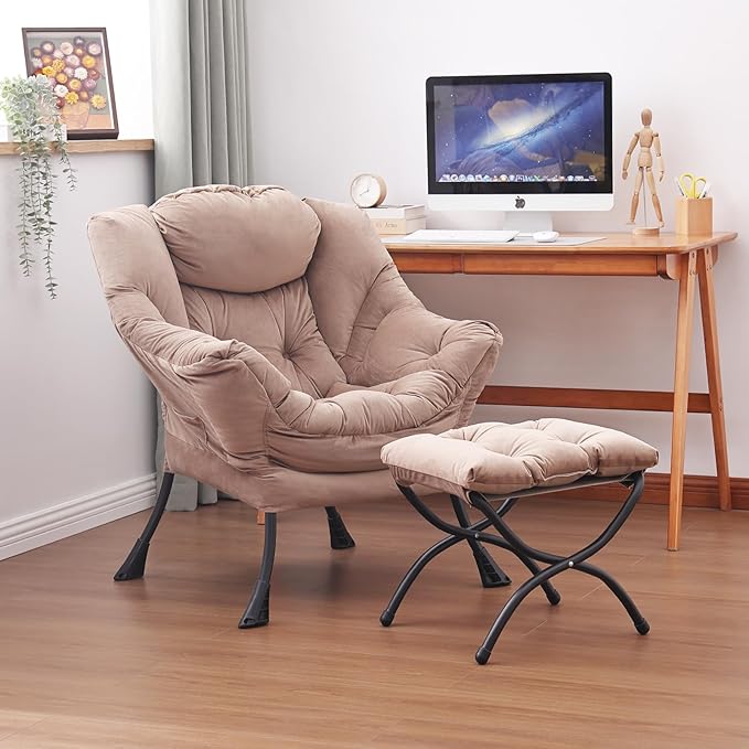 Lazy Chair and Ottoman, Large Accent Lounge Chair with Armrests and a Side Pocket, Modern Leisure Upholstered Sofa Reading Armchair with Footrest for Bedroom, Living Room, Dorm Rooms, Office