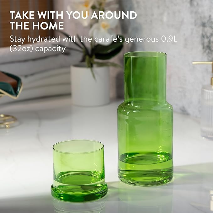 Elixir Glassware Bedside Water Carafe and Glass Set with Integrated Cup - Water or Mouthwash Dispenser for Nighstand or Bathroom - Handblown Glass Pitcher with Tumbler - Green