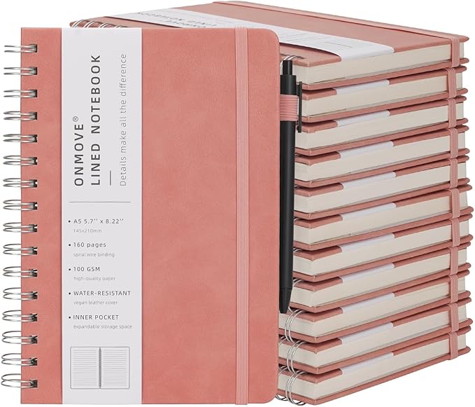 Spiral Notebooks Journal for Women Men 12 Pack Bulk Leather Hardcover with Pen Holder A5 160 Pages 100 GSM Thick Paper for Work School Lined Pink