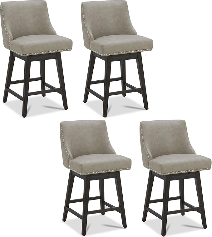 CHITA Counter Height Swivel Bar Stools Set of 4, FSC Certified Upholstered Counter Stools, Modern Swivel Barstools with Wood Legs for Kitchen Island, 26" Seat Height, Faux Leather in Stone Grey