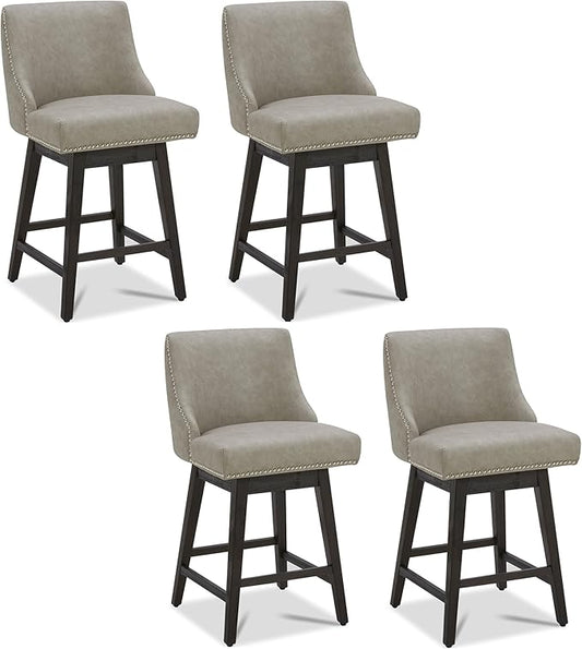 CHITA Counter Height Swivel Bar Stools Set of 4, FSC Certified Upholstered Counter Stools, Modern Swivel Barstools with Wood Legs for Kitchen Island, 26" Seat Height, Faux Leather in Stone Grey