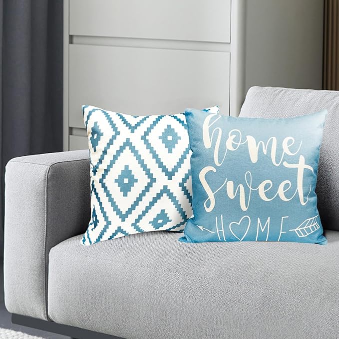 Decorative Throw Pillow Covers Set of 4 Sky Blue Pillow Covers 22x22 inch Throw Pillows Linen Square Pillow Case,Farmhouse Outdoor Modern Geometric Pillow Covers for Couch Sofa Living Room