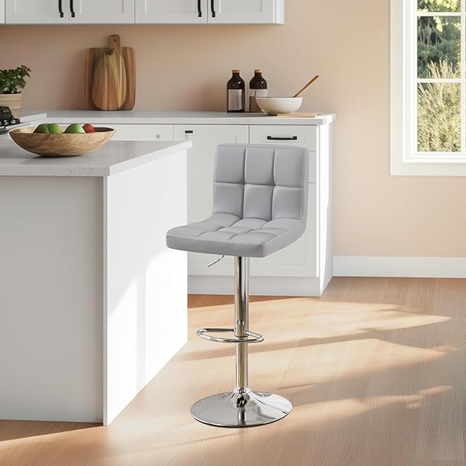 Yaheetech Bar Stools, PU Leather Adjustable Barstools, Modern Counter Stools with Back and Footrest, Counter Height Barstools for Bar, Kitchen, Dining Room, Light Gray