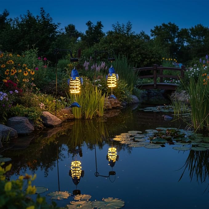 2 Pack Fish Solar Lights Outdoor Hanging Lantern with Handle, Solar Powered Butterflies Garden Decor for Outside Patio Yard Porch Pathway Butterfly Gifts for Women (Warm White LED Lights)