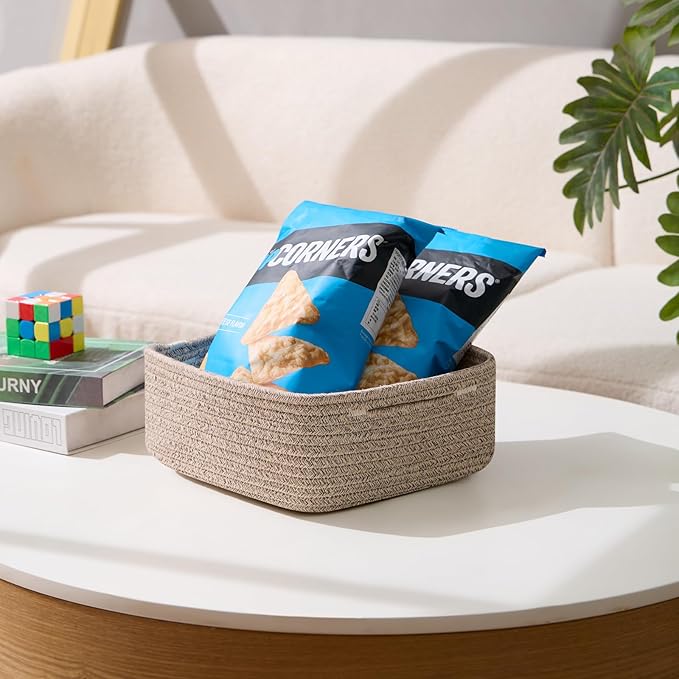 Small Square Shallow Baskets for Organizing, 9.7x9.7x4.3 Inch Rope Woven Storage Bins for Cubes Closet, Shelves Storage, Boho Decorative Basket, 2 Packs Mixed Brown