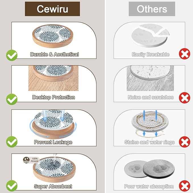 Wood Coasters Set of 8 with Holder, Cewiru Cup Mat for Drinks, Absorbent Coasters with Felt Insert for Coffee Table Protection, Modern Style Home Dining Table Decor, 4.3" Gray