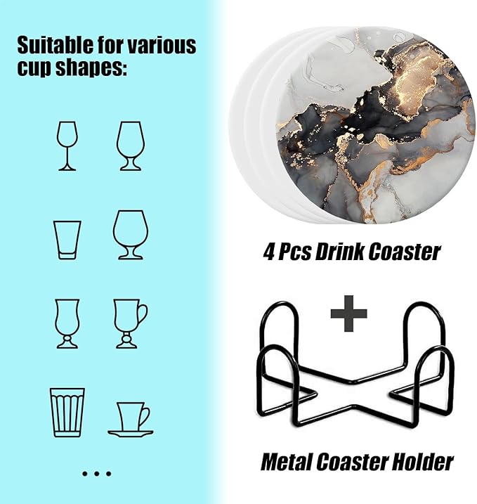 Ceramic Drink Coasters Set of 4 with Holder Round Water Absorbent Grey Gold Fashion Marble Coasters Tabletop Protection (Cork Base),Suitable for Various Mugs,Home Decor,4 Inch