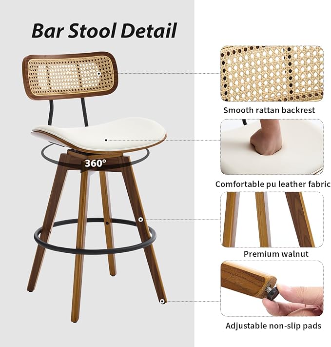 Swivel Bar Stools Set of 2, Faux Leather Counter Height Stools with Rattan Back, 26" Seat Height Upholstered Bar Chairs with Bentwood Wood Frame for Kitchen Island - Beige