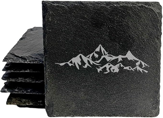 Mountain Majesty Slate Coasters with Stunning Mountain Scene Design - Perfect for Home and Office Decor and Protection of Surfaces, Available in Square or Round Coasters - Square Slate - Set of 4