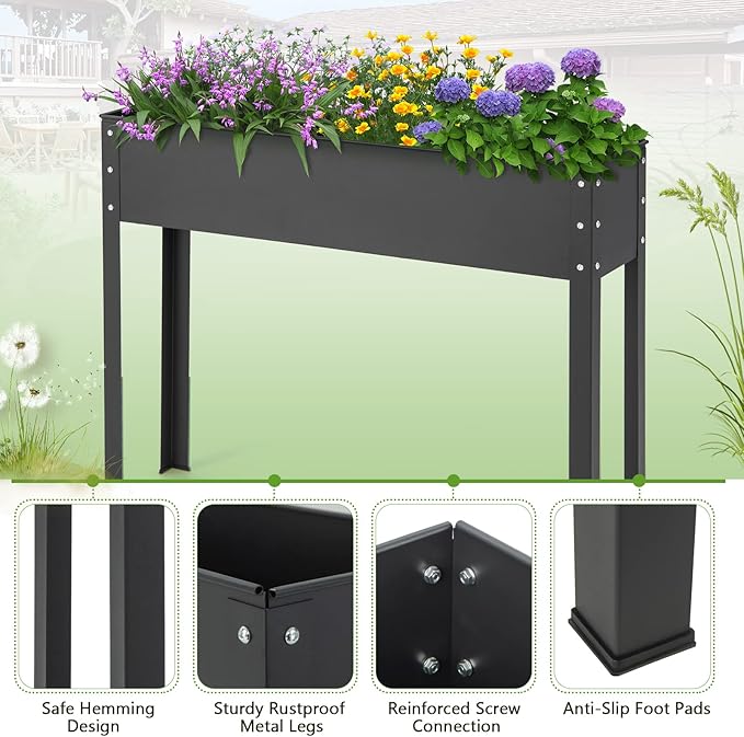 HAPPYGRILL Raised Garden Bed, 31.5” Elevated Planter Box w/Legs, Drainage Hole, Hemming Design, Metal Garden Box for Vegetable Herb, Outdoor Raised Beds for Gardening, Backyard Porch Balcony, Black