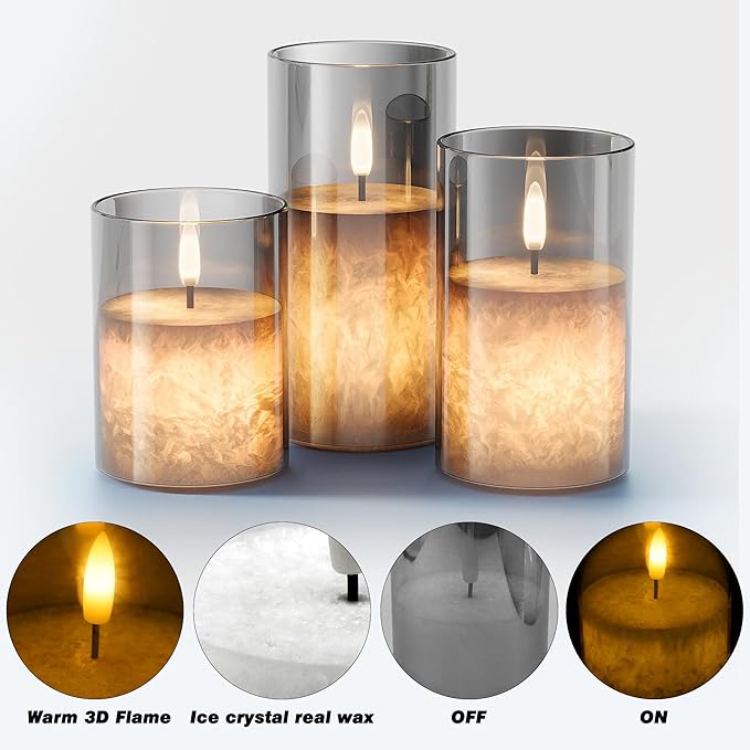 Ice Crystal Real Wax Glass Flameless Candles with Remote & Timer, Battery Operated Candles with Warm Flickering Flame, Realistic LED Candle for Wedding Home Decor [D3×H4/5"/6"] Grey, 3Pack