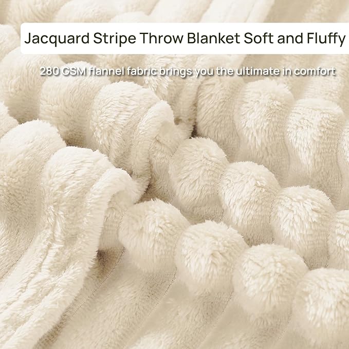 Geniospin Fleece Throw Blanket, 280GSM Extra Soft Lightweight Blanket with Strip, Plush Fuzzy Cozy Blankets and Throws for Couch, Bed, Sofa Cozy, Warm and Breathable (Ivory, 50x60 inches)