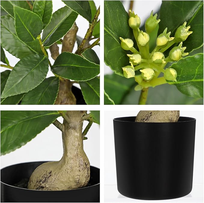 Briful Fake Plants 18.8'' Tall Artificial Plants Indoor Decor, Faux Bay Laurel Plant with Flowers in Black Pot, Floor Plant Houseplant for Home Farmhouse Outdoor Patio Porch Decorations