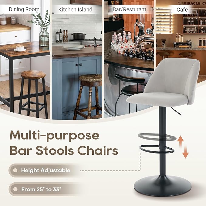 COLAMY Bar Stools Set of 2, Modern Swivel Bar Chairs, Adjustable Upholstered Barstools Counter Height with Full Backrest for Bar, Dining Room, Kitchen Island, Grey