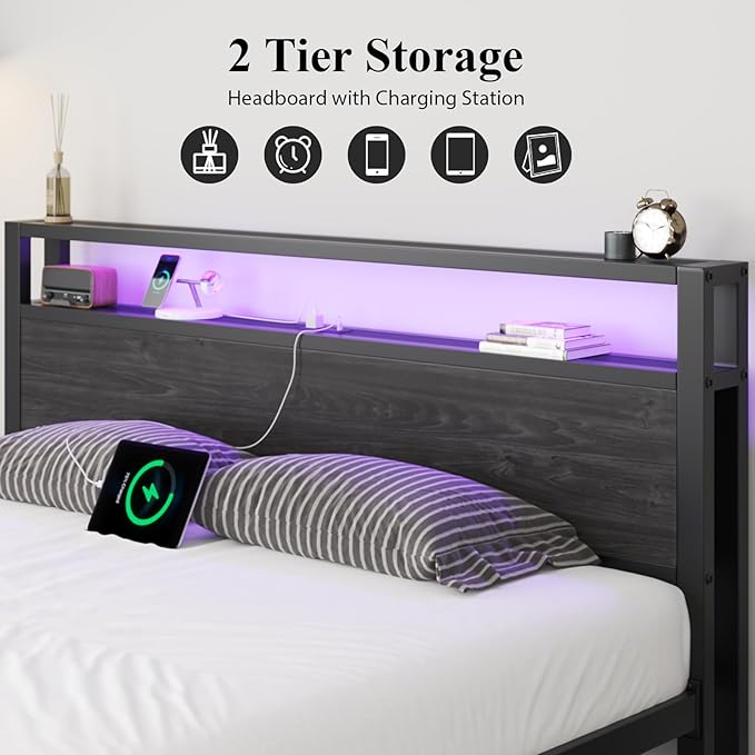 Queen Size Bed Frame with Storage Headboard, Industrial Platform Bed with Charging Station and LED Lights, Heavy Duty Metal Slats, No Box Spring Need, Noise Free, Black