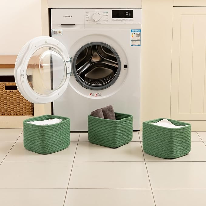 OIAHOMY 9”x9”x7” Storage Cubes, Cotton Rope Woven Baskets for Organizing, Cube Storage Bin, Small Gift Basket for Shelf, 3-Pack, Green