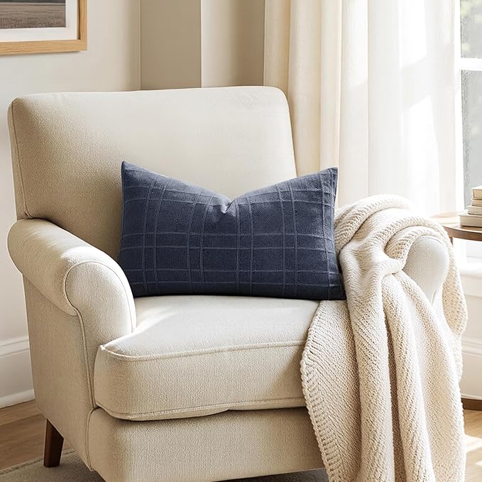 MIULEE Decorative Linen Check Lumar Throw Pillow Covers Neutral Farmhouse Vintage Pillow Covers 12x20 Set of 2 Boho Modern Home Decor for Sofa Couch Bedroom Cushion Navy Blue