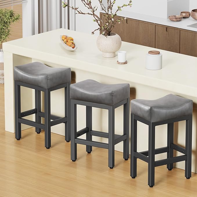 Counter Height Bar Stools Set of 3, 24 Inch Barstools for Kitchen Island Counter, Bonded Leather Kitchen Stools with Thick Saddle Seats & Heavy Duty Metal Base, Easy Assembly, Gray/Black