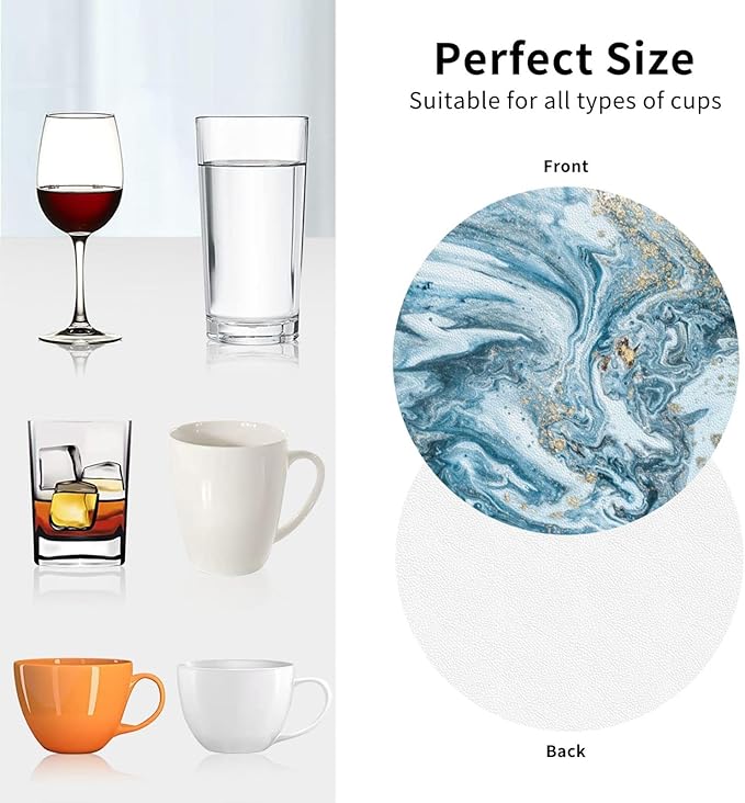 Ocean Gold Sky Blue Marble Coasters Set of 6 Coasters for Drinks Absorbent Double-Sided Leather PVC Coaster for Tabletop Protection Coffee Table Decor Ideal for Home Decor House Warming Gifts