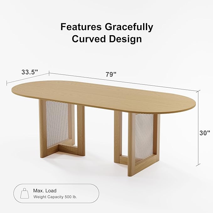 Casaphoria 79" Dining Table, Wicker Base Modern Kitchen Table for 4-6, Farmhouse Style with Oval Top & Wicker Base, Easy Assembly for Living Room, Kitchen, Natural Wood