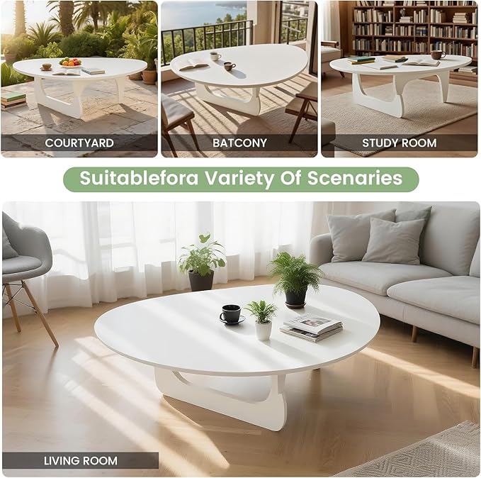 Solid Wooden Modern Triangle Coffee Table: Unique Funky Coffee Tables for Living Room, Oval Mid-Century Irregular Abstract Tea Tables for Patio Office Balcony Bedroom (White, 35" L x 24" W x 16" H)