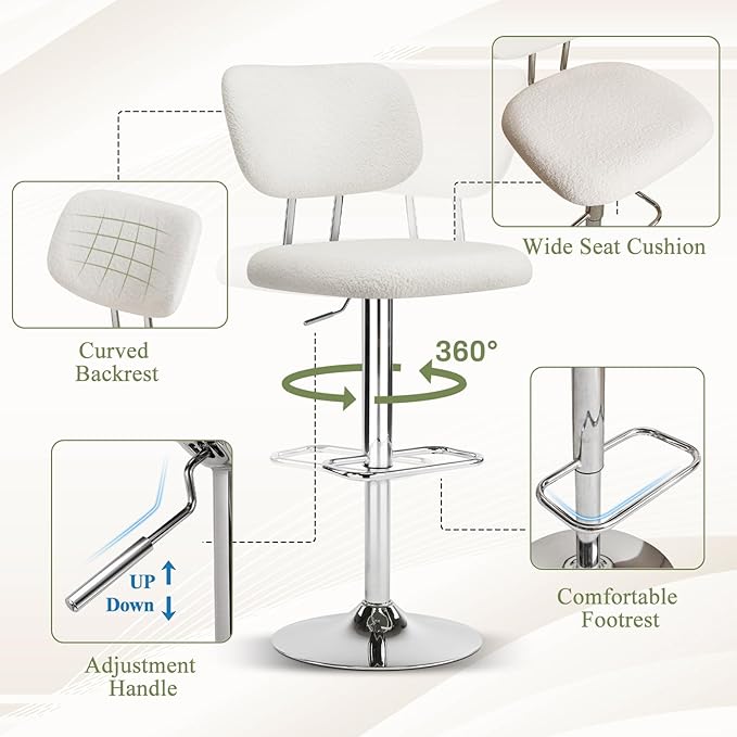 Furniliving Adjustable Bar Stools Set of 2, Modern Teddy Velvet Swivel Barstools with Curved Back, Stylish Armless Counter Height Bar Stools Bar Chairs for Kitchen Island, Bar, Green