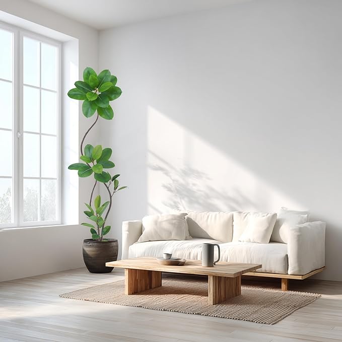 Artificial Rubber Tree Plant, 78 Inch Indoor Tree, Green with Round Planter, All Season Home Decor (Green,6.5ft)