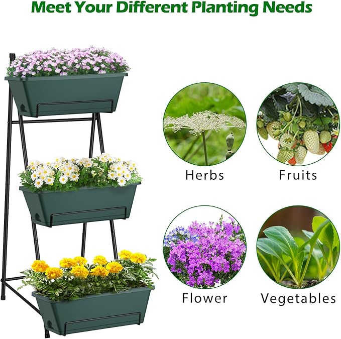 Raised Garden Bed 3 Tier Vertical Garden Planter Standing Garden Bed Planter Box Outdoor Herb Planter with Drainage Holes Removable Tray for Patio Balcony Porch Green