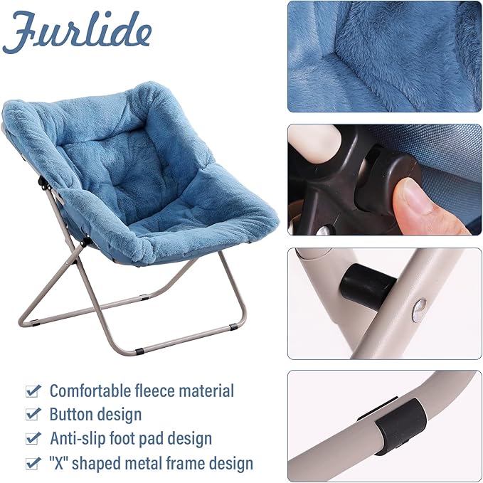 Saucer Chair With Ottoman - Oversized Folding Faux Fur, X-Large Soft Dorm, Foldable Metal Frame for Bedroom, Living Room, Study, Playroom (Blue)