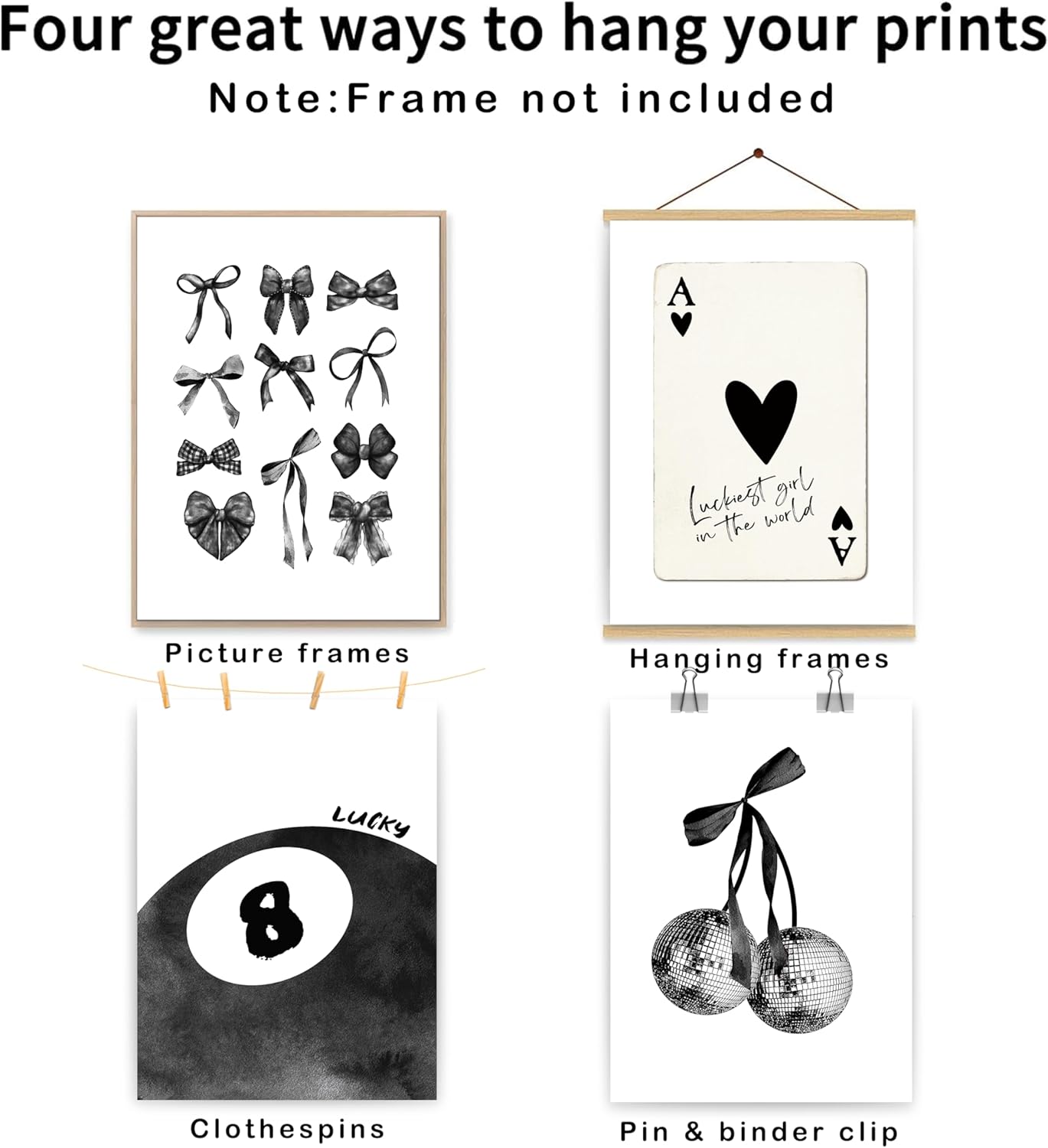 okaxscm Black Coquette Trendy Preppy Wall Art Prints Set of 4, Coquette Room Decor, Preppy Room Decor Aesthetic, Black Bow Disco 8 Ball Cherry Wall Decor Posters for Girls Bedroom Dorm, 12x16 Unframed