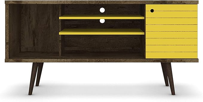 Manhattan Comfort Liberty Mid Century Modern TV Stand for Televisions up to 50 Inches, Bedroom and Living Room Entertainment Center with Storage, Shelves, and Cabinet, 53" Wide, Rustic Brown/Yellow
