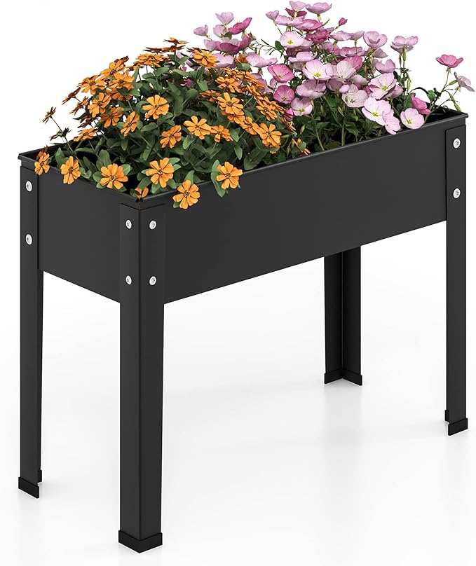 HAPPYGRILL Raised Garden Bed, 18” Elevated Planter Box w/Legs, Drainage Hole, Hemming Design, Metal Garden Box for Vegetable Herb, Outdoor Raised Beds for Gardening, Backyard Porch Balcony, Black
